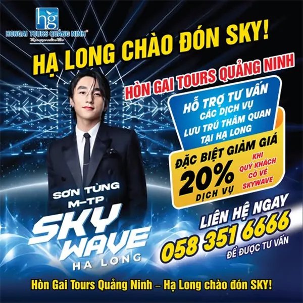 Poster của Hòn Gai Tours Quảng Ninh - một minh chứng sống động cho chiến dịch "Hạ Long chào đón SKY" với ưu đãi đặc biệt dành riêng cho khán giả của sự kiện.